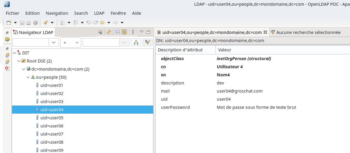 Utilisateur dev dans Directory Studio
